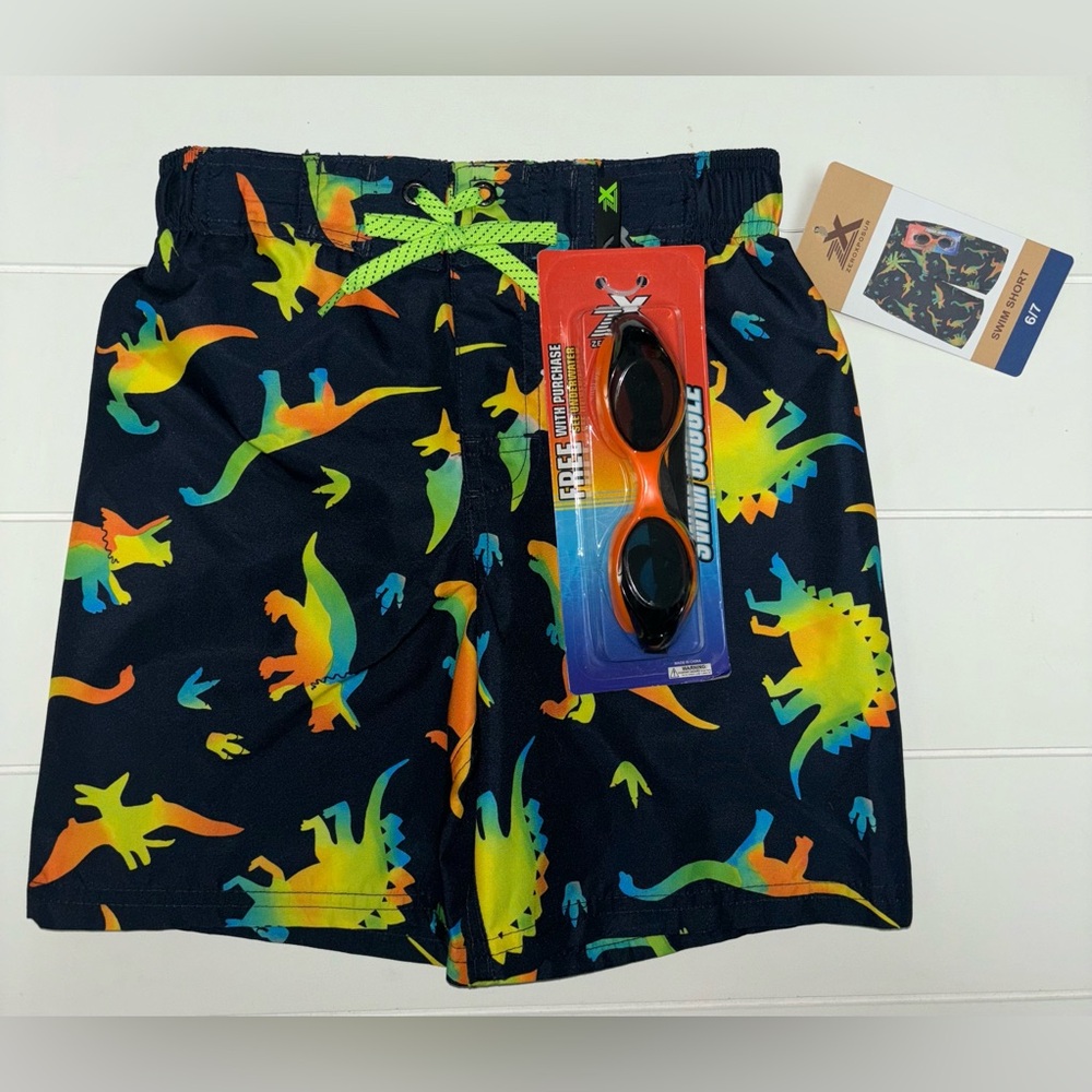 ZeroXposur Boys Colorful Dinosaur Bathing suit Swim Trunks Shorts & Goggles